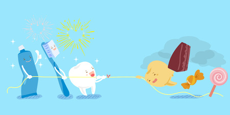 healthy teeth and unhealthy teeth in the tug of warのイラスト素材