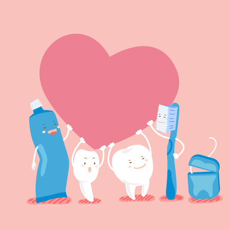 Cute cartoon tooth hold heart with floos and toothpasteのイラスト素材