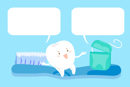 Cute cartoon tooth and floss sit on brush with speech bubbleのイラスト素材