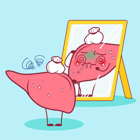 Cartoon sick liver look in the mirrorのイラスト素材
