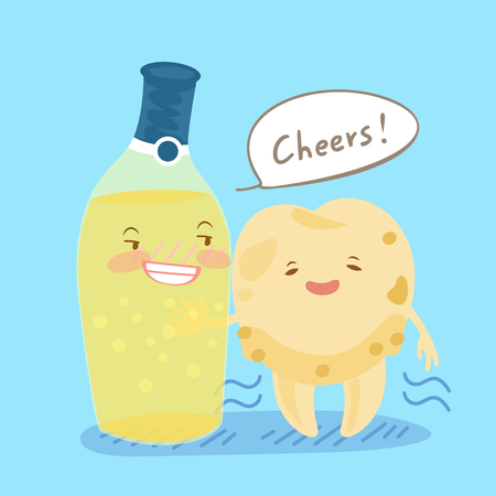 cute cartoon tooth decay with beer for your healthy conceptのイラスト素材