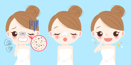 cartoon beauty woman with acne problem on nose before and afterのイラスト素材