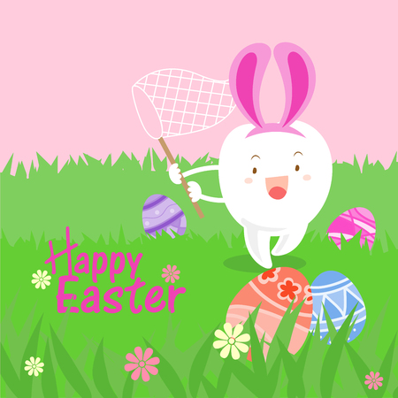Cute white cartoon tooth with happy easterのイラスト素材