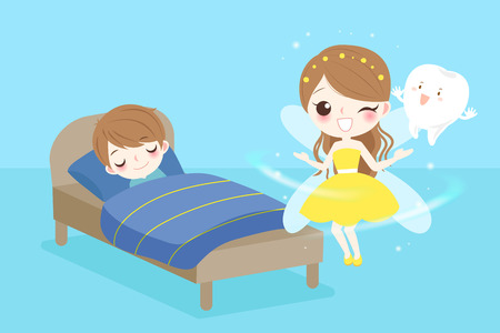 Cute cartoon tooth fairy with boy sleeping on the badのイラスト素材