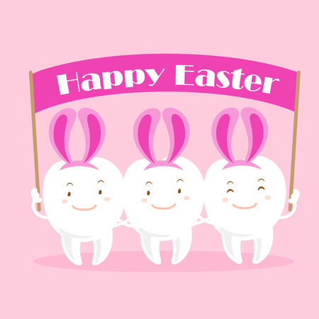 Cute white cartoon tooth with happy easterのイラスト素材