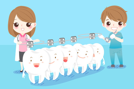 Cute cartoon dentist with white tooth and braceのイラスト素材