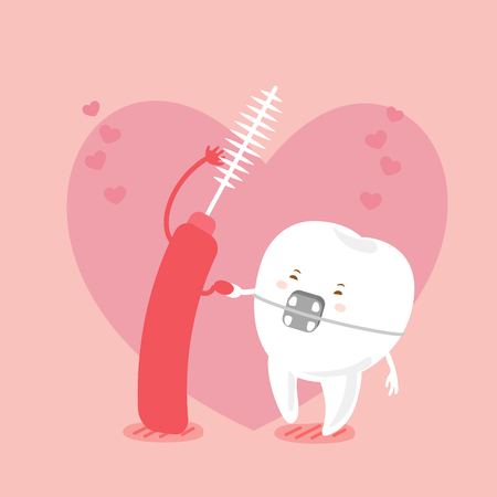 cute cartoon tooth wear brace and interdental brush with heartのイラスト素材