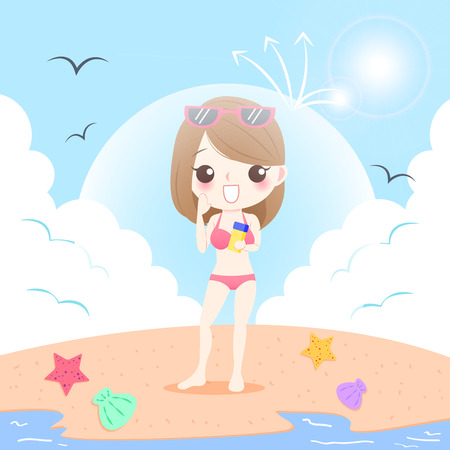 cute cartoon woman with sunscreen on the beachのイラスト素材