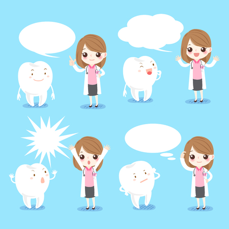 Cute cartoon female dentist with tooth and speech bubbleのイラスト素材
