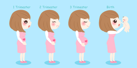 Cute cartoon pregnant woman with baby birth on blue backgroundのイラスト素材