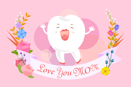 Cute cartoon tooth smile happily with happy mothers dayのイラスト素材