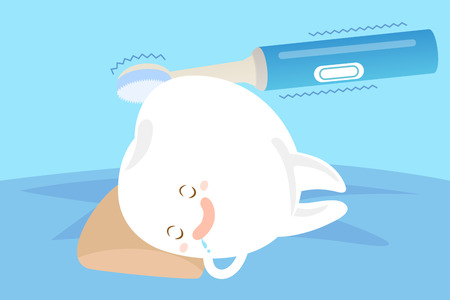 cute cartoon tooth sleep with electric toothbrushのイラスト素材