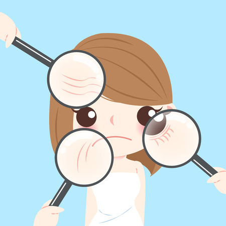 cartoon beauty woman with skincare problem on blue backgroundのイラスト素材