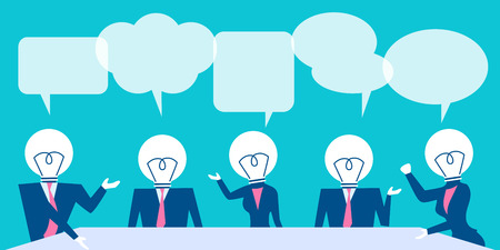 Cute cartoon business people with light bulb and speech bubble on blue background.のイラスト素材