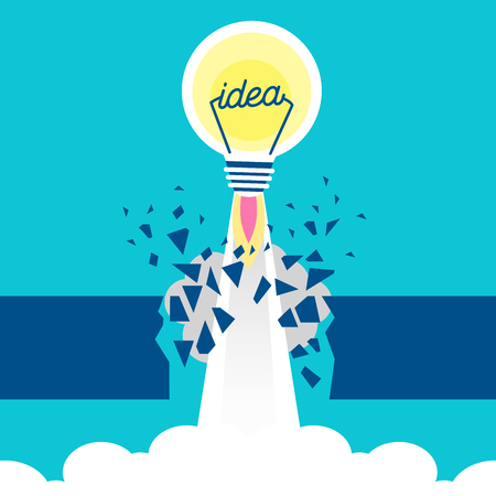 Cute cartoon rocket and light bulb on blue background.のイラスト素材