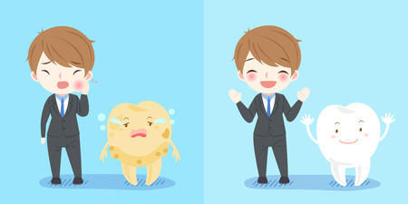 Cute cartoon businessman with tooth on blue backgroundのイラスト素材