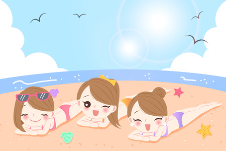 beauty cartoon women with sunscreen on the beachのイラスト素材
