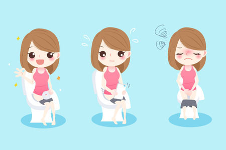 Cute cartoon woman with constipation on the green background.のイラスト素材