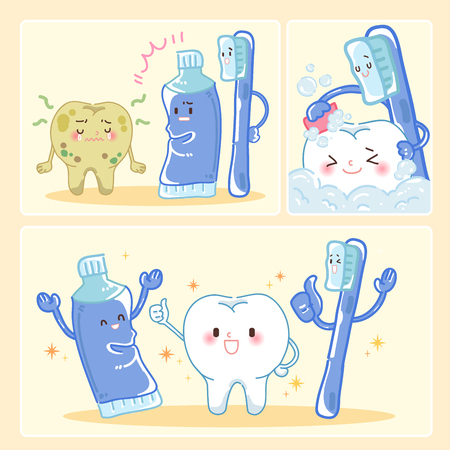 cute cartoon tooth with toothbrush and toothpasteのイラスト素材