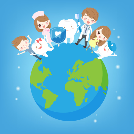 cute cartoon children with tooth on the earthのイラスト素材