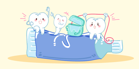 cute cartoon tooth and tooth brush playing with dental flossのイラスト素材