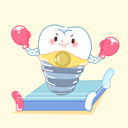 cute cartoon tooth implant with boxing on the yellow backgroundのイラスト素材