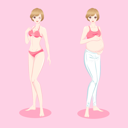 Cartoon pregnant woman with weight loss concept before and afterのイラスト素材