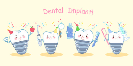 happy cute cartoon dental implants on the yellow backgroundのイラスト素材