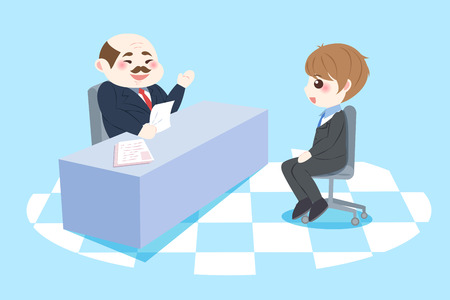 cute cartoon businessman with interview concept on the blue backgroundのイラスト素材