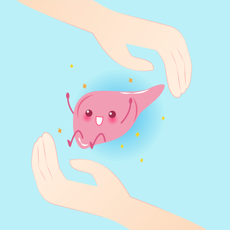 cute cartoon liver with hand on the blue backgroundのイラスト素材