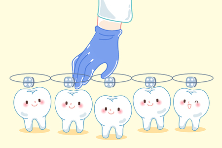 cartoon doctor hand is picking teeth wear braceのイラスト素材