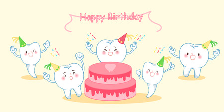 cute cartoon tooth feel happily with happy birthdayのイラスト素材