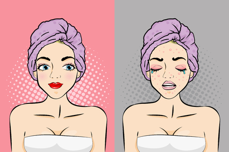 Pop of cartoon woman with skincare conceptのイラスト素材