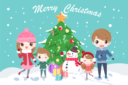 Cartoon family with christmas on the green backgroundのイラスト素材