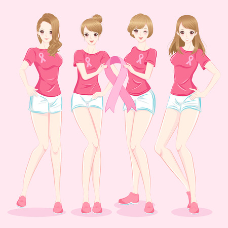 Woman with breast cancer prevention on the pink backgroundのイラスト素材