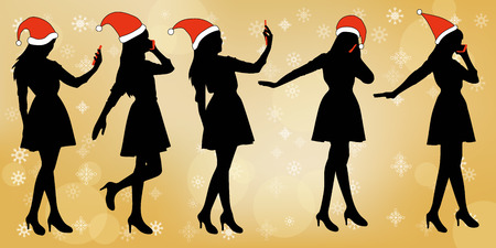 silhouette of woman use phone with merry christmasのイラスト素材
