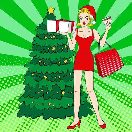 cartoon pop of woman with merry christmas on the green backgroundのイラスト素材
