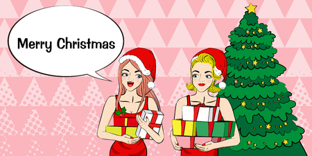 cartoon pop of women with merry christmas on the pink backgroundのイラスト素材