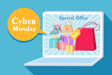 Laptop cartoon cyber monday on the blue backgroundのイラスト素材