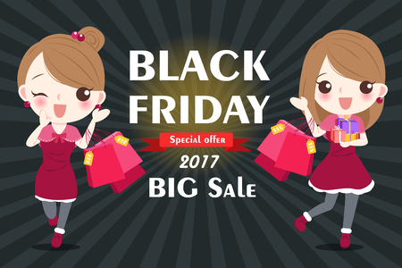 Woman shopping with black friday on the background.のイラスト素材