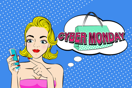 Woman with cyber Monday on blue backgroundのイラスト素材