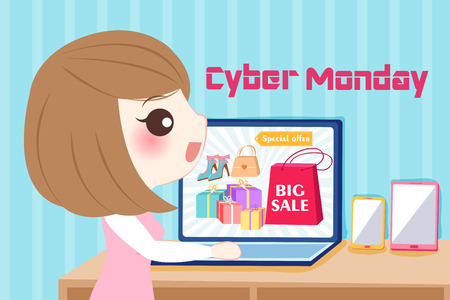 woman with cyber monday on the blue backgroundのイラスト素材