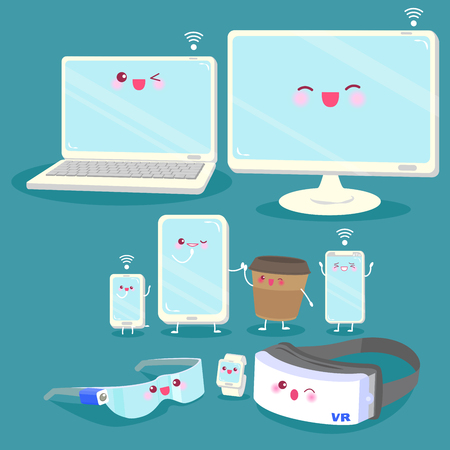 cartoon 3c electronic products on the blue backgroundのイラスト素材