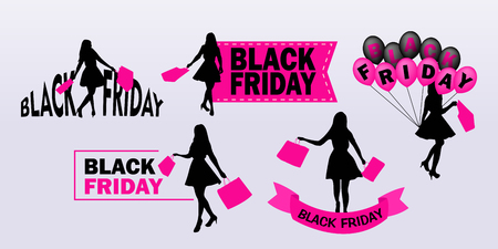 silhouette of woman take shopping bag with with black fridayのイラスト素材