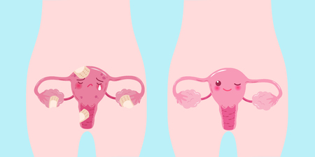 cute cartoon uterus on the blue backgroundのイラスト素材
