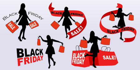 silhouette of woman take shopping bag with with black fridayのイラスト素材