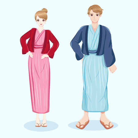 cute cartoon couple wear bathrobes on the white backgroundのイラスト素材