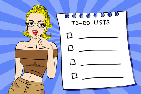 pop of cartoon woman with lists on the red backgroundのイラスト素材