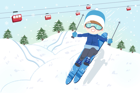cartoon man is skiing on the moutainのイラスト素材