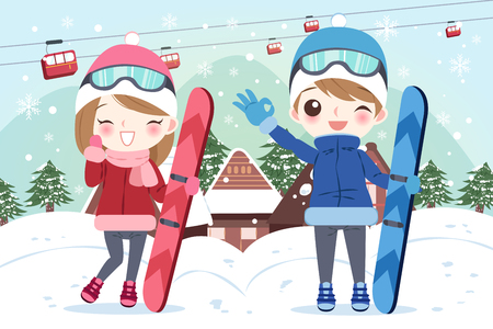 cartoon couple is snowboarding on the moutainのイラスト素材